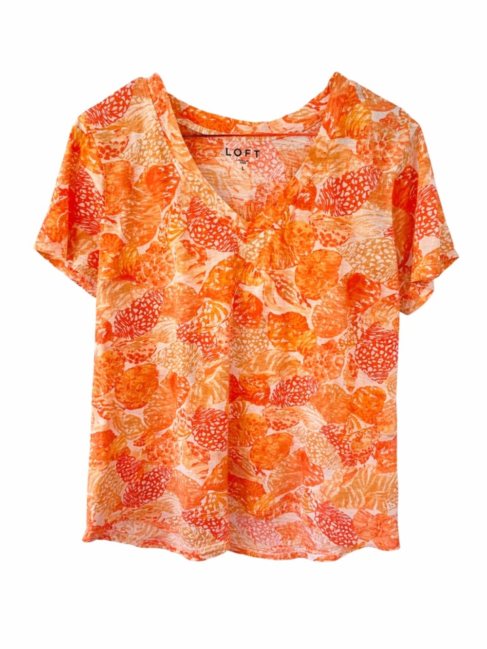 LOFT Orange & Cream Printed V-Neck Short Sleeve Top